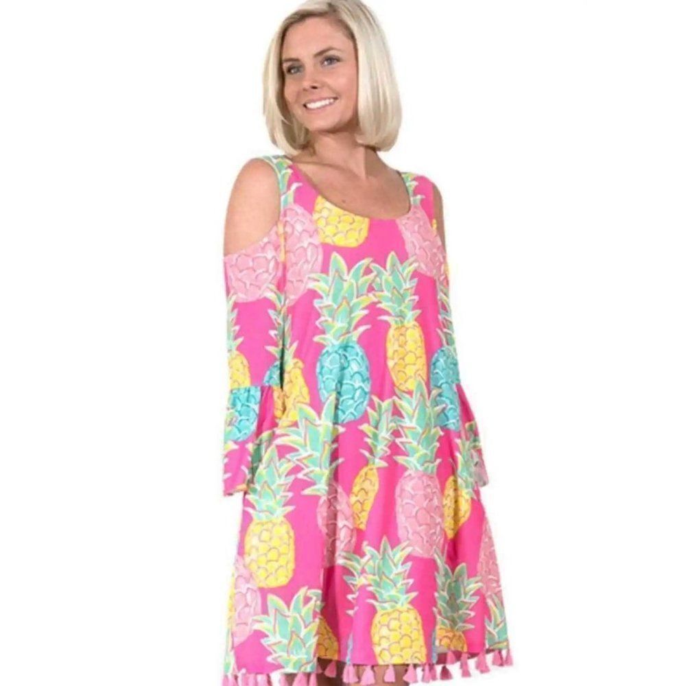 Simply Southern Women Pink Multi Cold Shoulder Pineapple Tassel Dress Size S